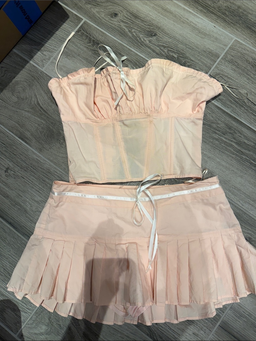 Edikted Pale Pink Pleated Mini Skirt Set with Ribbon